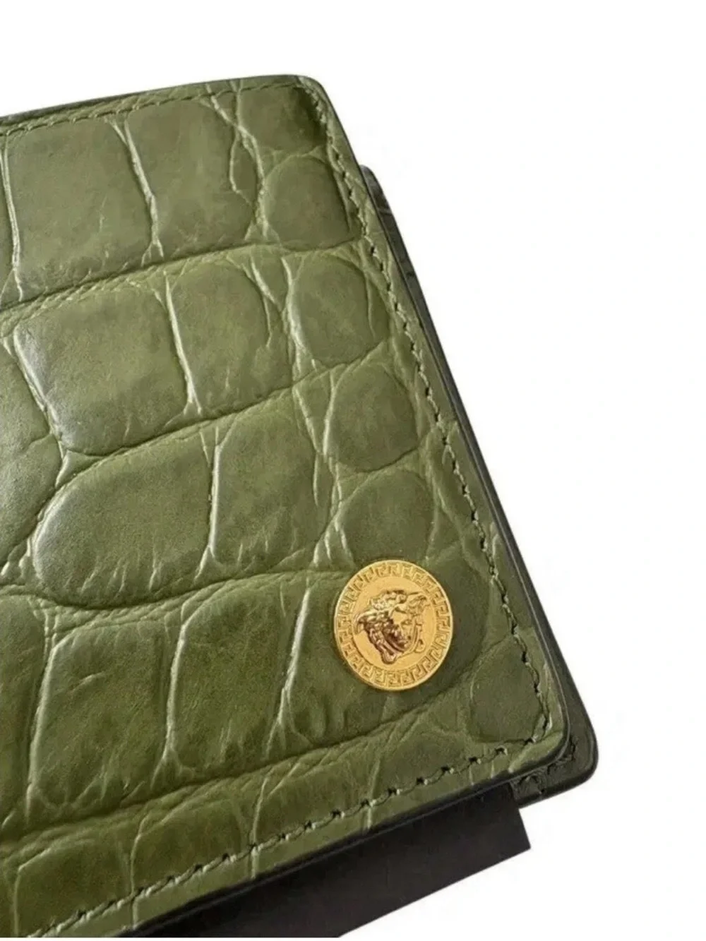 Versace Olive Green Croc-Embossed Leather Money Clip with Gold Medallion
